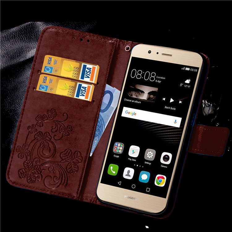 Imprint Lucky Clover Magnetic Wallet PU Leather Stand Cell Phone Cover for Huawei P9 Lite/G9 Lite - Brown-4