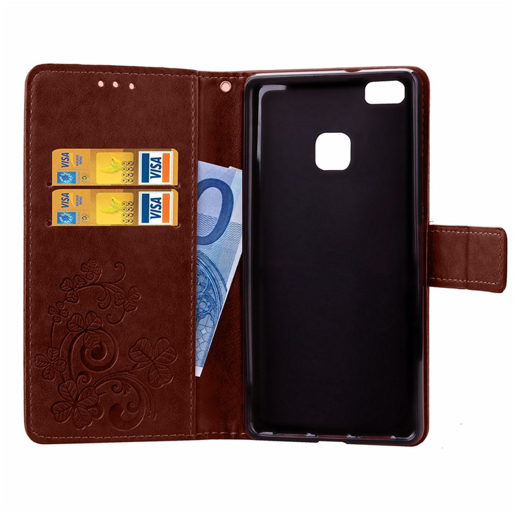 Imprint Lucky Clover Magnetic Wallet PU Leather Stand Cell Phone Cover for Huawei P9 Lite/G9 Lite - Brown-9