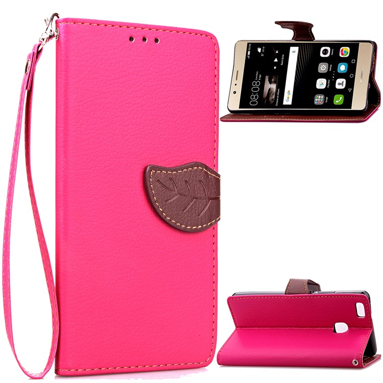 Leaf Shape Magnetic Flap Leather Stand Case with Card Slots for Huawei P9 Lite / G9 Lite - Rose-1