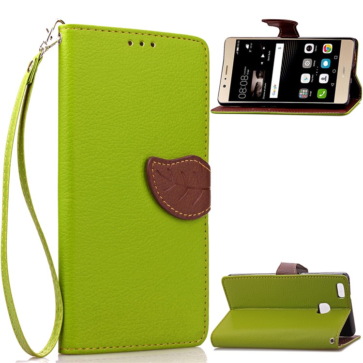 Leaf Shape Magnetic Flap Leather Stand Cover with Card Slots for Huawei P9 Lite / G9 Lite - Green-1