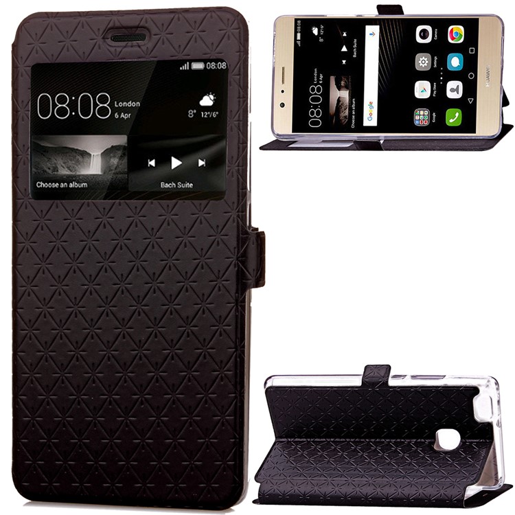 Imprint Rhombus Texture View Window Leather Card Slot Case for Huawei P9 Lite/G9 Lite - Black-1