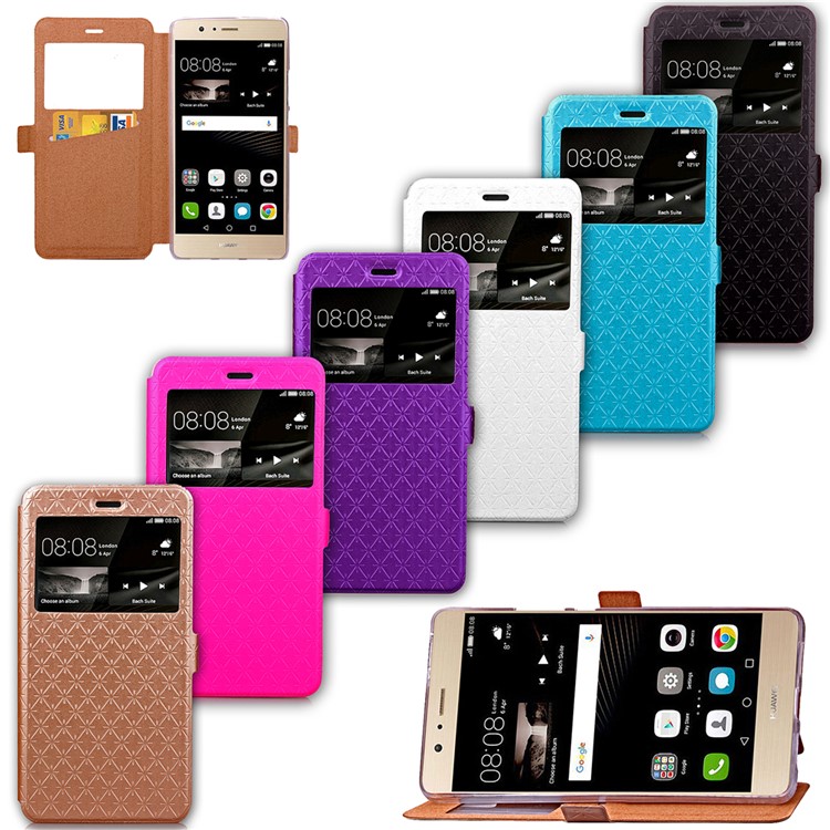 Imprint Rhombus Texture View Window Leather Card Slot Case for Huawei P9 Lite/G9 Lite - Black-9