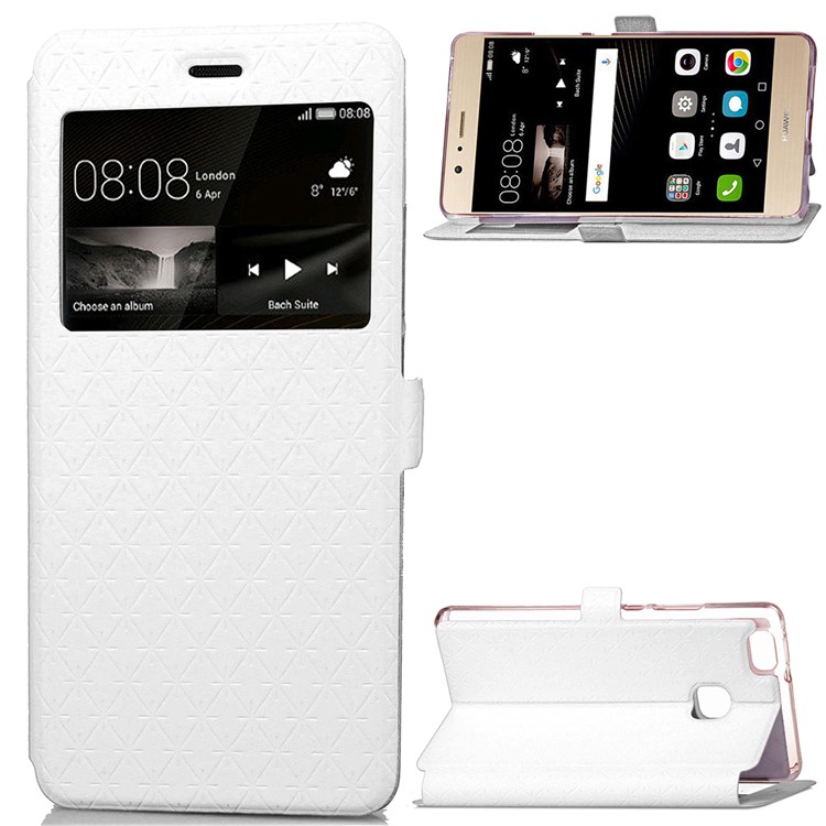 Imprint Rhombus Texture View Window Leather Card Slot Cover for Huawei P9 Lite/G9 Lite - White-1