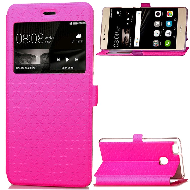 Imprint Rhombus Texture View Window Leather Card Slot Casing for Huawei P9 Lite/G9 Lite - Rose-1