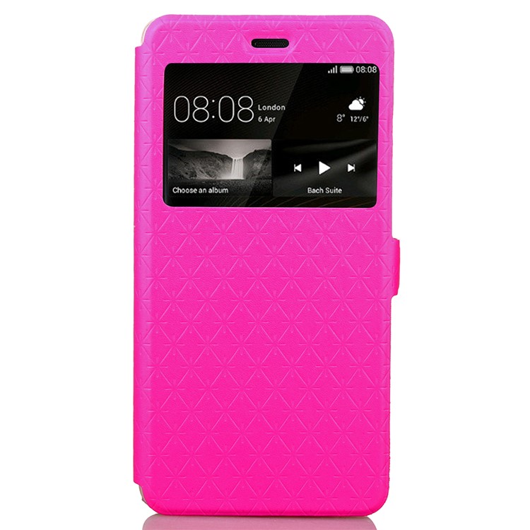 Imprint Rhombus Texture View Window Leather Card Slot Casing for Huawei P9 Lite/G9 Lite - Rose-2