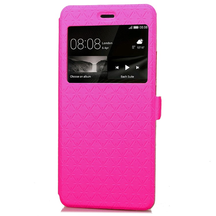 Imprint Rhombus Texture View Window Leather Card Slot Casing for Huawei P9 Lite/G9 Lite - Rose-4