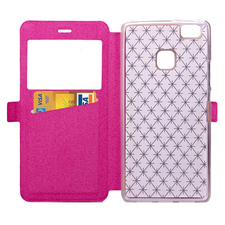 Imprint Rhombus Texture View Window Leather Card Slot Casing for Huawei P9 Lite/G9 Lite - Rose-5