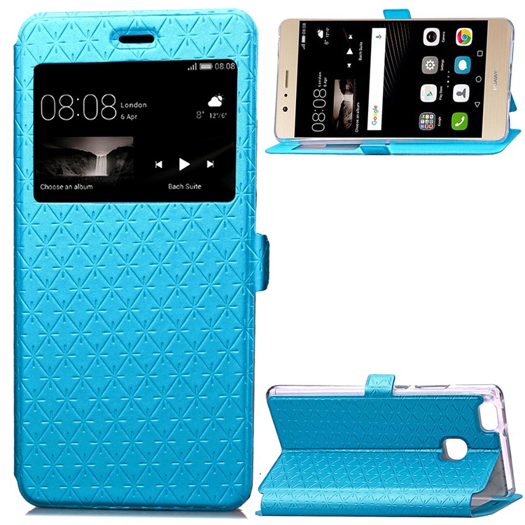 Imprint Rhombus Texture View Window Leather Card Slot Shell for Huawei P9 Lite/G9 Lite - Blue-1