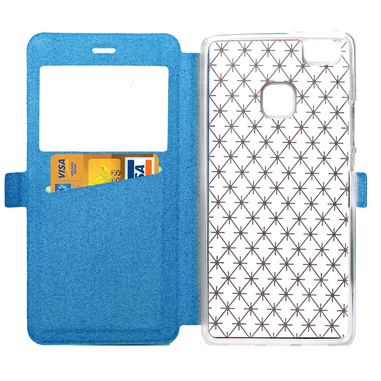 Imprint Rhombus Texture View Window Leather Card Slot Shell for Huawei P9 Lite/G9 Lite - Blue-5