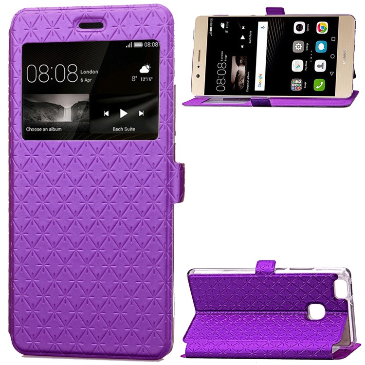 Imprint Rhombus Texture View Window Leather Card Slot Mobile Phone Case for Huawei P9 Lite/G9 Lite - Purple-1