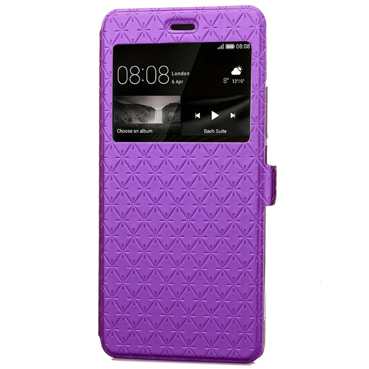 Imprint Rhombus Texture View Window Leather Card Slot Mobile Phone Case for Huawei P9 Lite/G9 Lite - Purple-4
