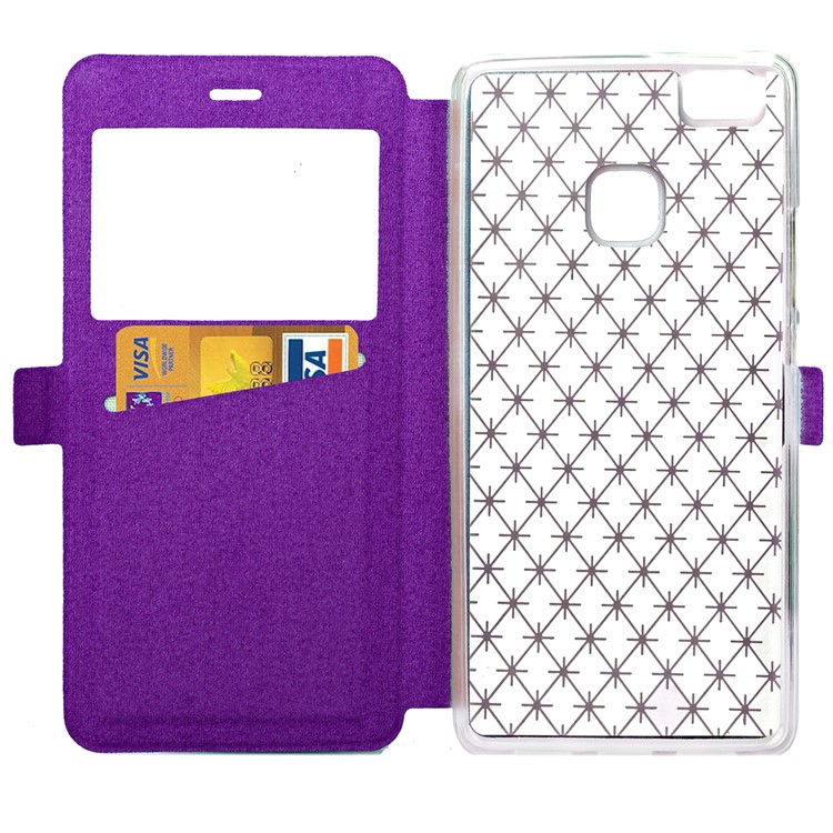 Imprint Rhombus Texture View Window Leather Card Slot Mobile Phone Case for Huawei P9 Lite/G9 Lite - Purple-5