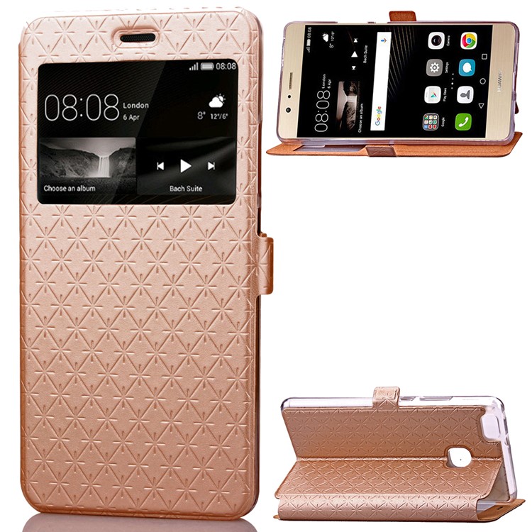 Imprint Rhombus Texture View Window Leather Card Slot Cell Phone Case for Huawei P9 Lite/G9 Lite - Champagne Gold-1