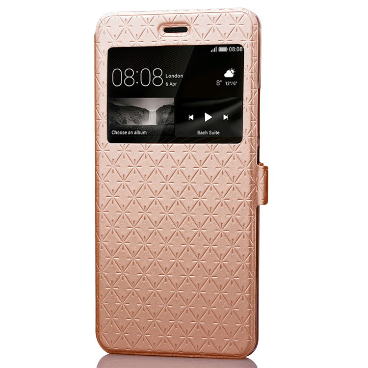 Imprint Rhombus Texture View Window Leather Card Slot Cell Phone Case for Huawei P9 Lite/G9 Lite - Champagne Gold-4