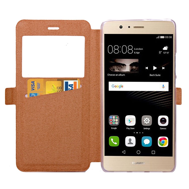 Imprint Rhombus Texture View Window Leather Card Slot Cell Phone Case for Huawei P9 Lite/G9 Lite - Champagne Gold-5