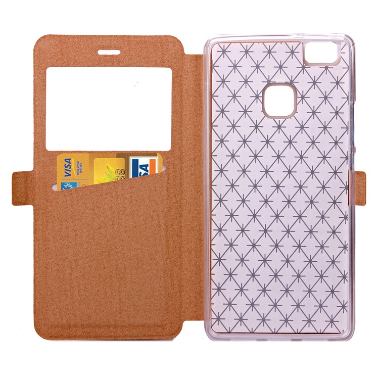 Imprint Rhombus Texture View Window Leather Card Slot Cell Phone Case for Huawei P9 Lite/G9 Lite - Champagne Gold-6