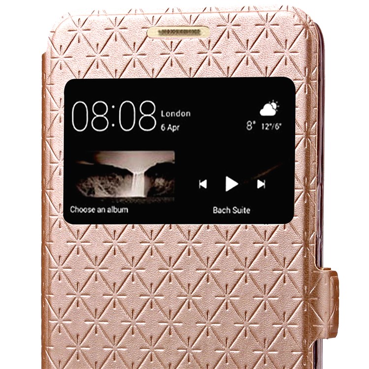 Imprint Rhombus Texture View Window Leather Card Slot Cell Phone Case for Huawei P9 Lite/G9 Lite - Champagne Gold-9