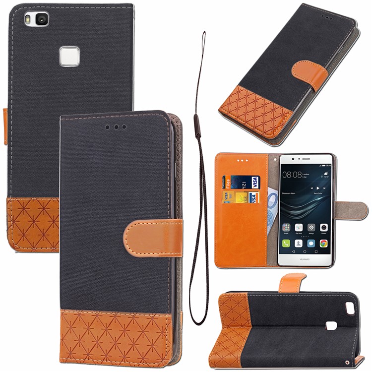 Contrast Color Jeans Cloth Texture Leather Wallet Case for Huawei P9 Lite/G9 Lite - Black-1