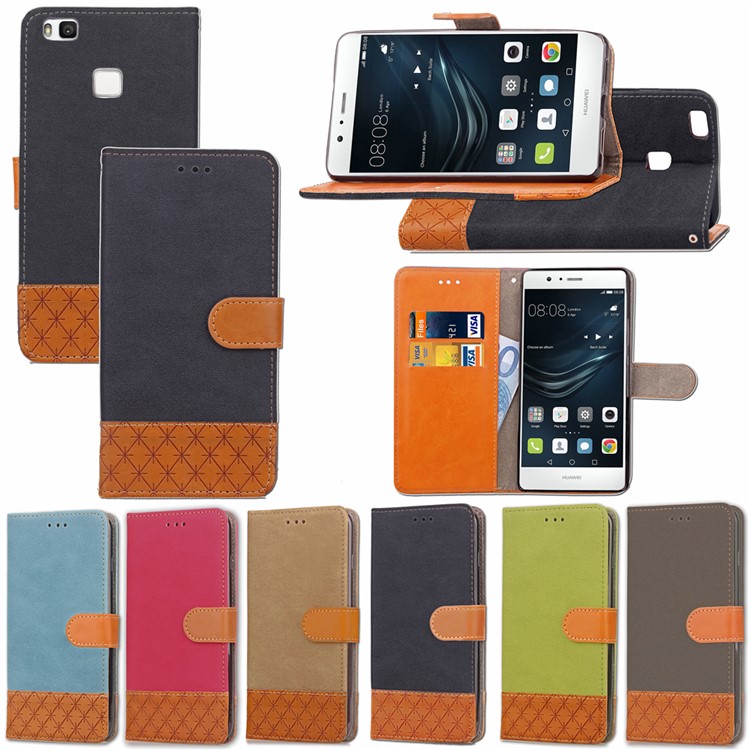 Contrast Color Jeans Cloth Texture Leather Wallet Case for Huawei P9 Lite/G9 Lite - Black-14
