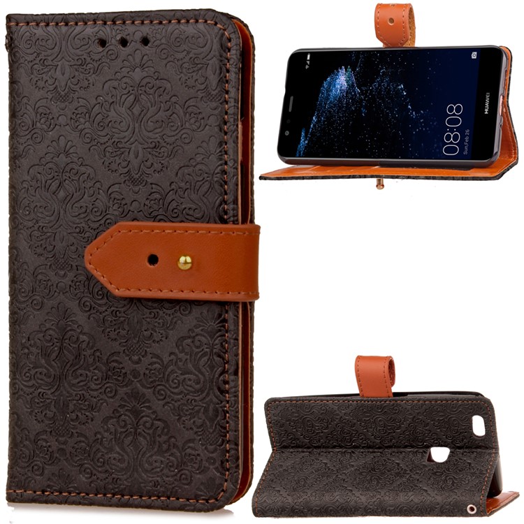 Imprinted Damask Flower Pattern Wallet Leather Stand Case for Huawei P10 Lite - Black-1