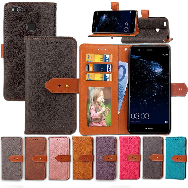 Imprinted Damask Flower Pattern Wallet Leather Stand Case for Huawei P10 Lite - Black-14