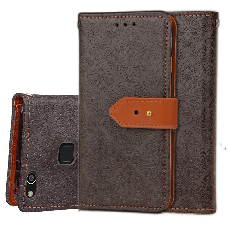 Imprinted Damask Flower Pattern Wallet Leather Stand Case for Huawei P10 Lite - Black-2