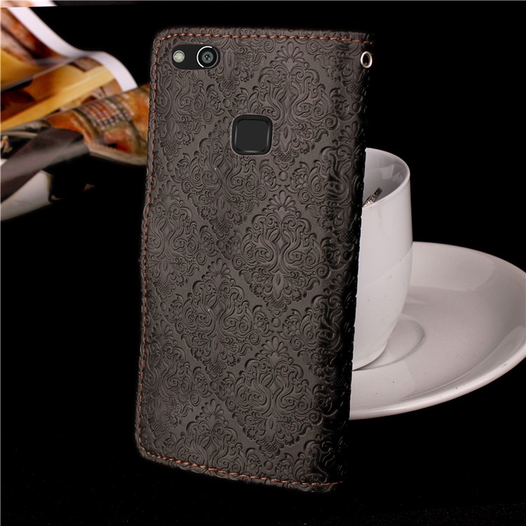 Imprinted Damask Flower Pattern Wallet Leather Stand Case for Huawei P10 Lite - Black-4