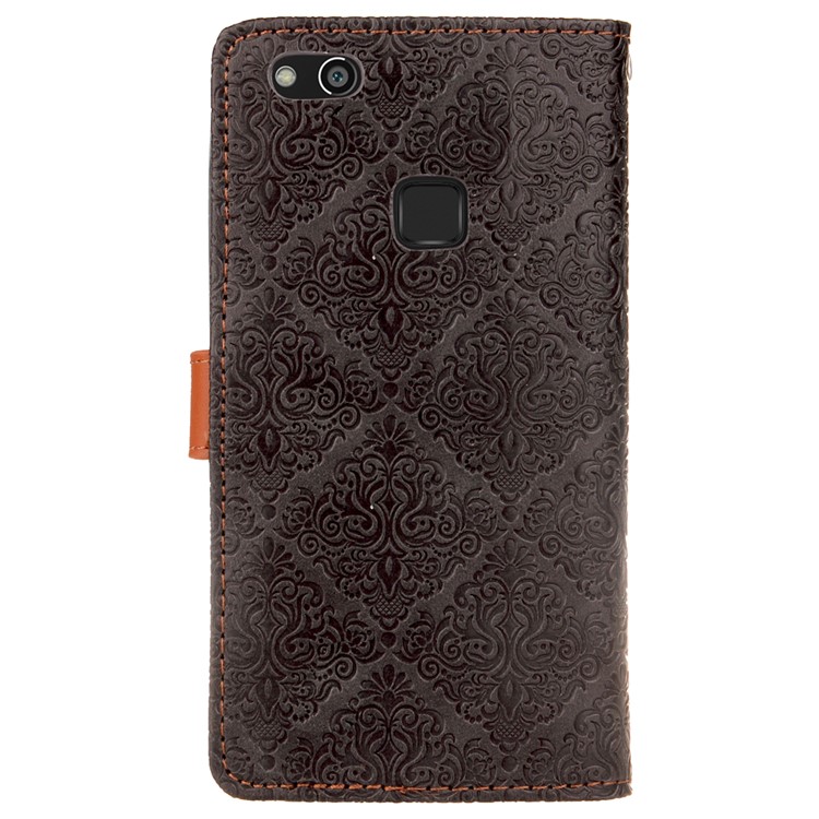 Imprinted Damask Flower Pattern Wallet Leather Stand Case for Huawei P10 Lite - Black-9
