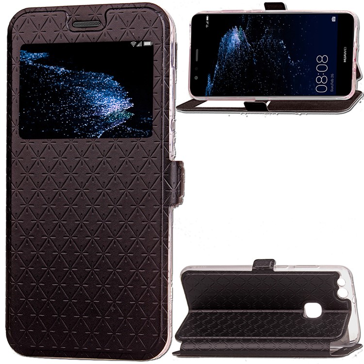 Rhombus View Window Leather Card Holder Stand Case for Huawei P10 Lite - Black-1