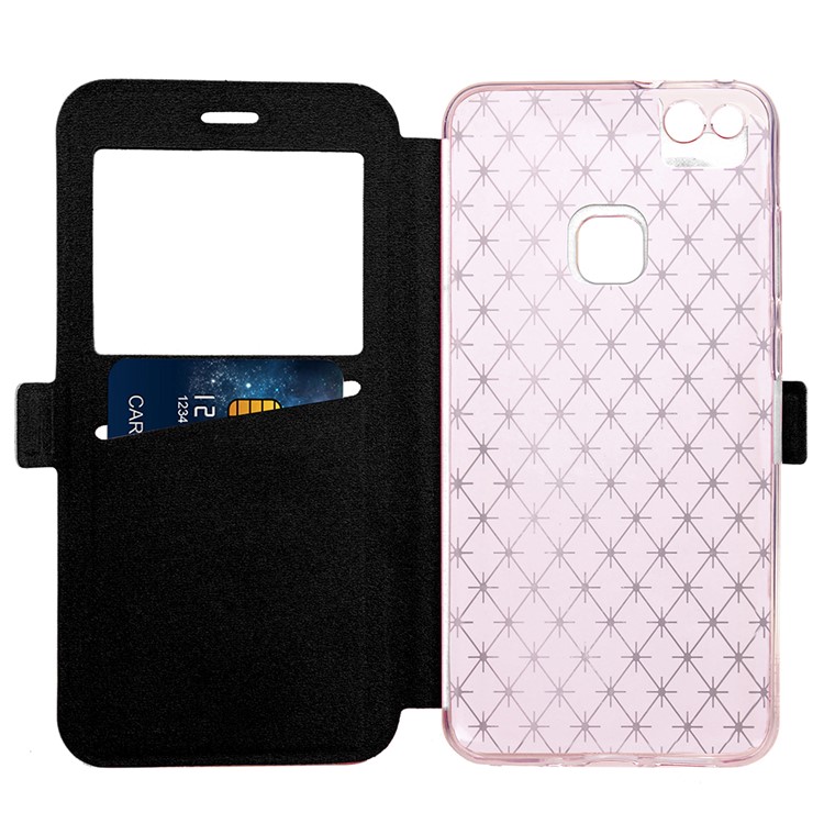 Rhombus View Window Leather Card Holder Stand Case for Huawei P10 Lite - Black-5