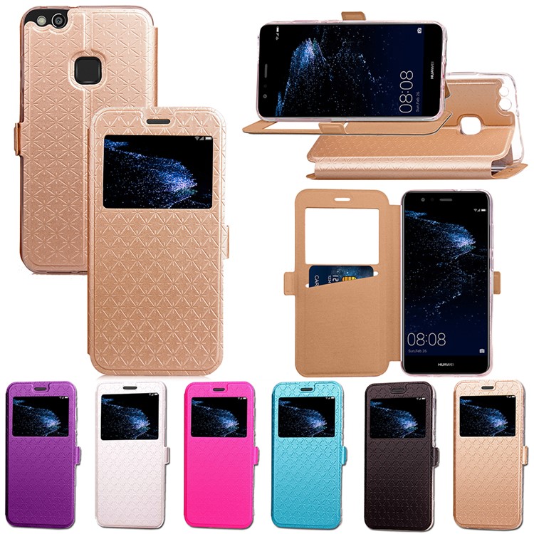 Rhombus View Window Leather Card Holder Stand Case for Huawei P10 Lite - Black-8
