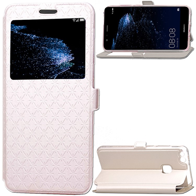 Rhombus View Window Leather Card Holder Case Cover for Huawei P10 Lite - White-1