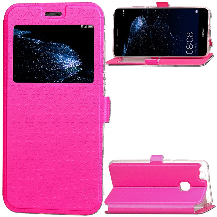 Rhombus View Window Leather Card Holder Cover Shell for Huawei P10 Lite - Rose-1