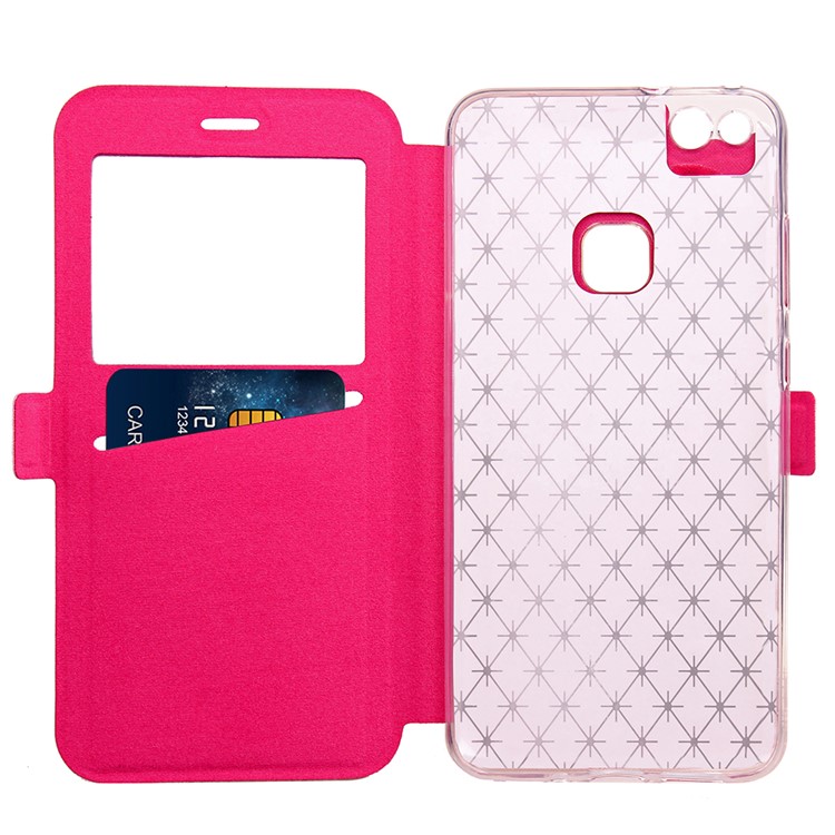 Rhombus View Window Leather Card Holder Cover Shell for Huawei P10 Lite - Rose-5