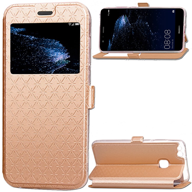 Rhombus View Window Leather Phone Case with Card Slot for Huawei P10 Lite - Gold-1