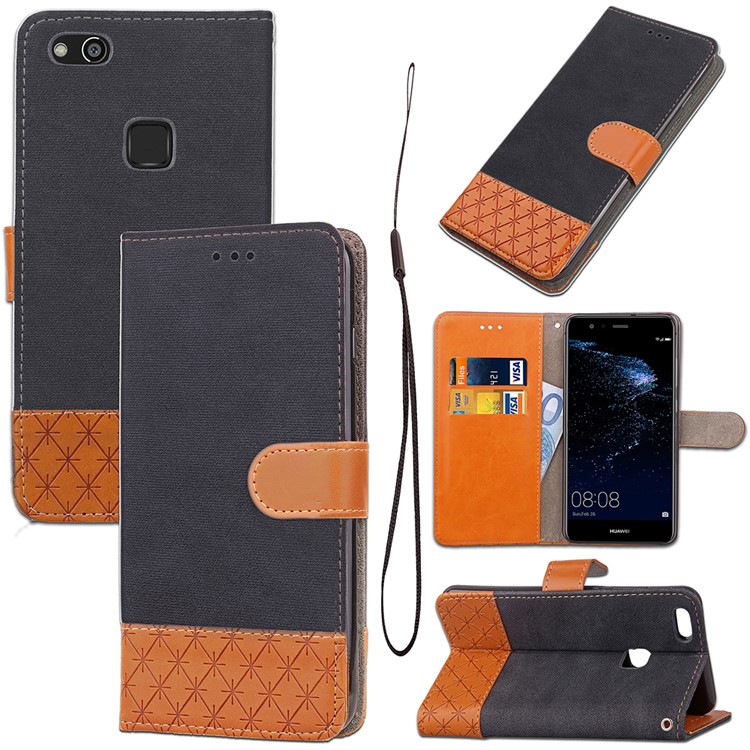Contrast Color Jeans Cloth Rhombus Leather Wallet Case with Strap for Huawei P10 Lite - Black-1