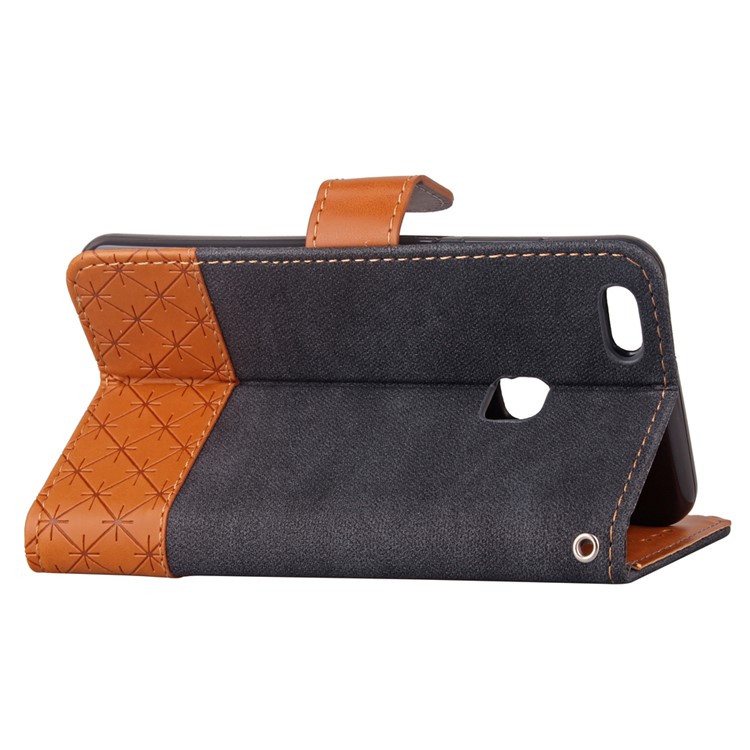 Contrast Color Jeans Cloth Rhombus Leather Wallet Case with Strap for Huawei P10 Lite - Black-12
