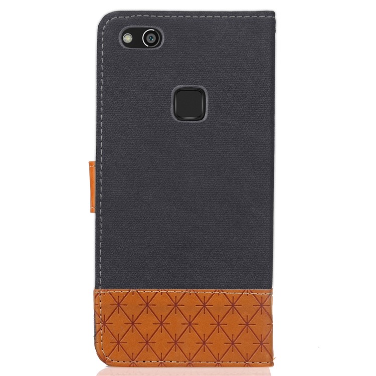 Contrast Color Jeans Cloth Rhombus Leather Wallet Case with Strap for Huawei P10 Lite - Black-8