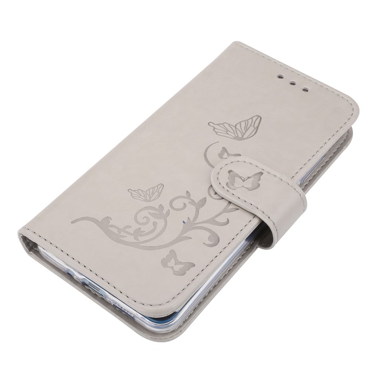 Imprint Butterfly Flowers Wallet Leather Stand Case with Strap for Huawei P10 Lite - Grey-4