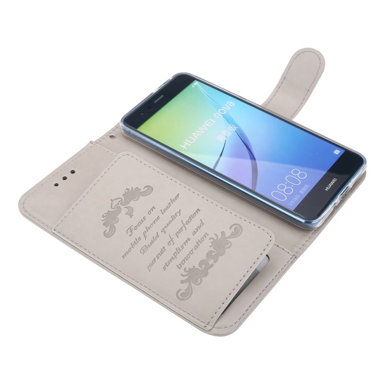 Imprint Butterfly Flowers Wallet Leather Stand Case with Strap for Huawei P10 Lite - Grey-5