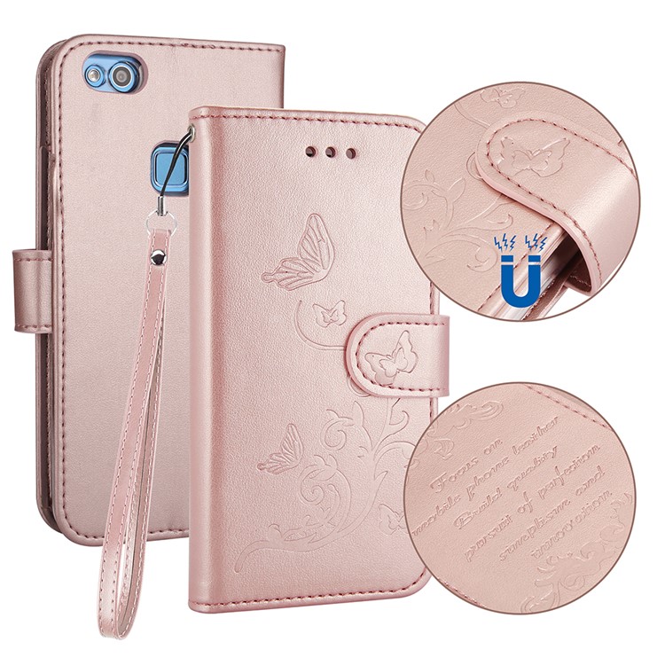 Imprint Butterfly Flowers Wallet Leather Stand Cover with Strap for Huawei P10 Lite - Rose Gold-1