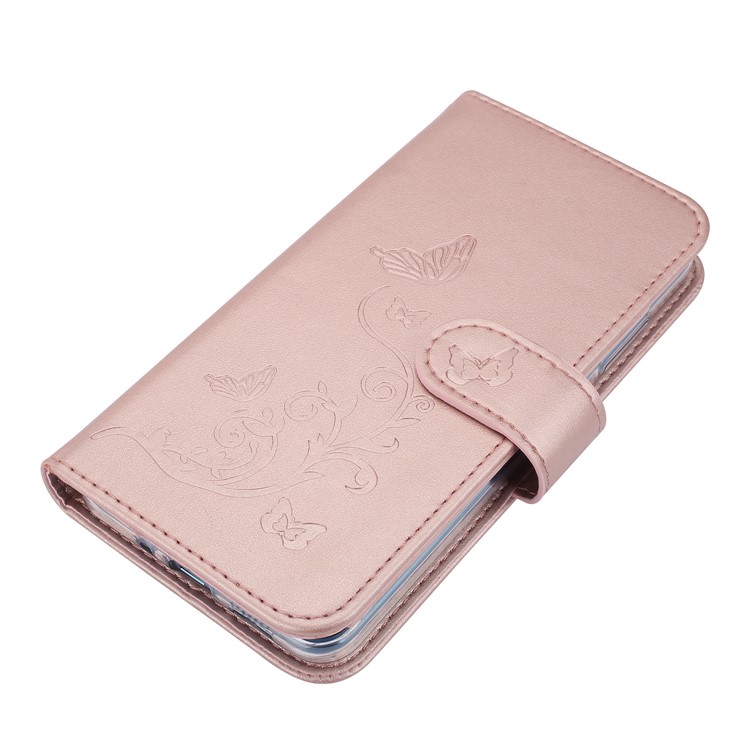 Imprint Butterfly Flowers Wallet Leather Stand Cover with Strap for Huawei P10 Lite - Rose Gold-4