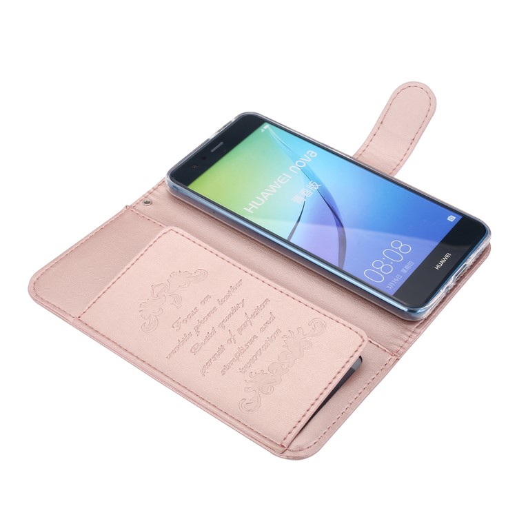 Imprint Butterfly Flowers Wallet Leather Stand Cover with Strap for Huawei P10 Lite - Rose Gold-5