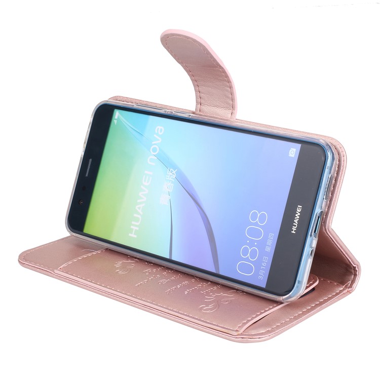 Imprint Butterfly Flowers Wallet Leather Stand Cover with Strap for Huawei P10 Lite - Rose Gold-6