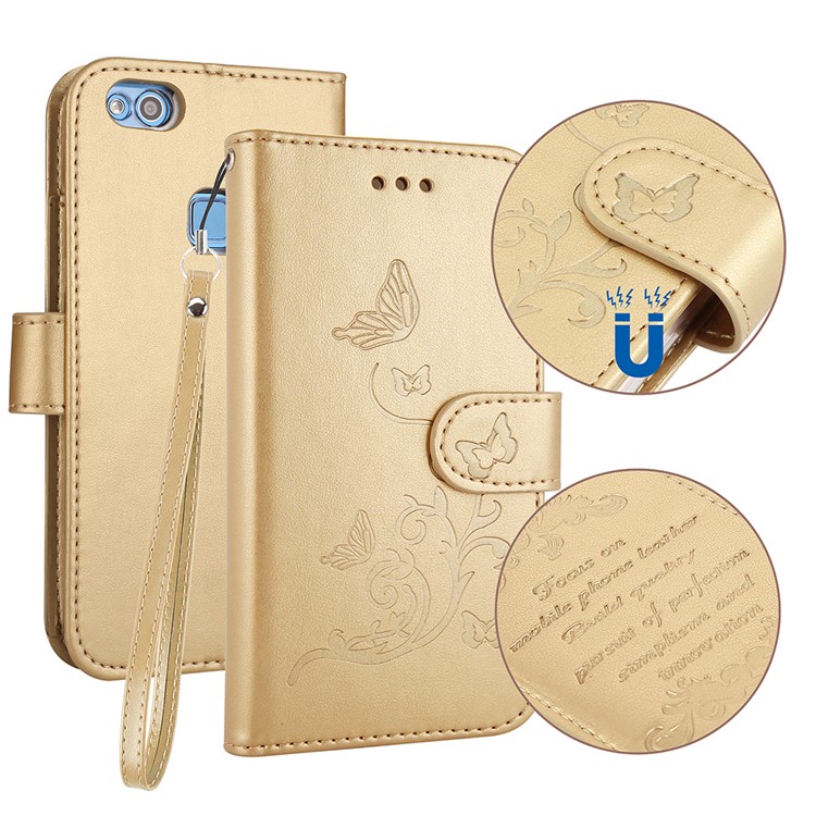 Imprint Butterfly Flowers Wallet Leather Stand Shell with Strap for Huawei P10 Lite - Gold-1