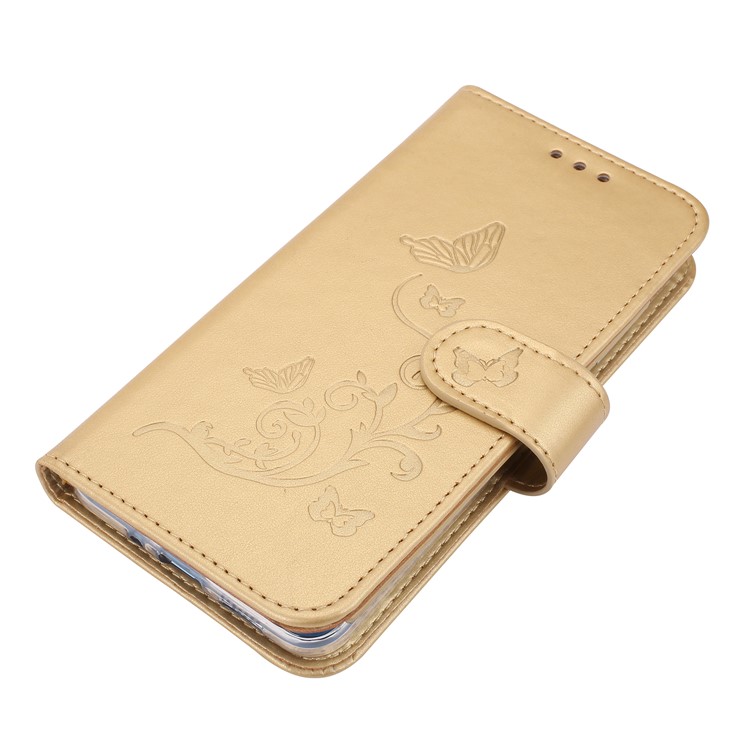 Imprint Butterfly Flowers Wallet Leather Stand Shell with Strap for Huawei P10 Lite - Gold-4