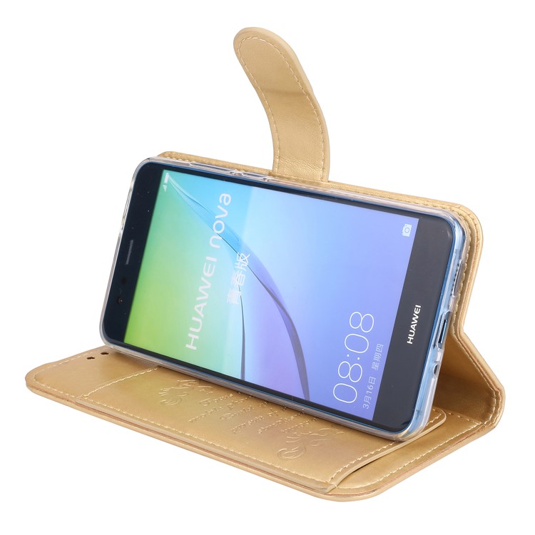 Imprint Butterfly Flowers Wallet Leather Stand Shell with Strap for Huawei P10 Lite - Gold-6