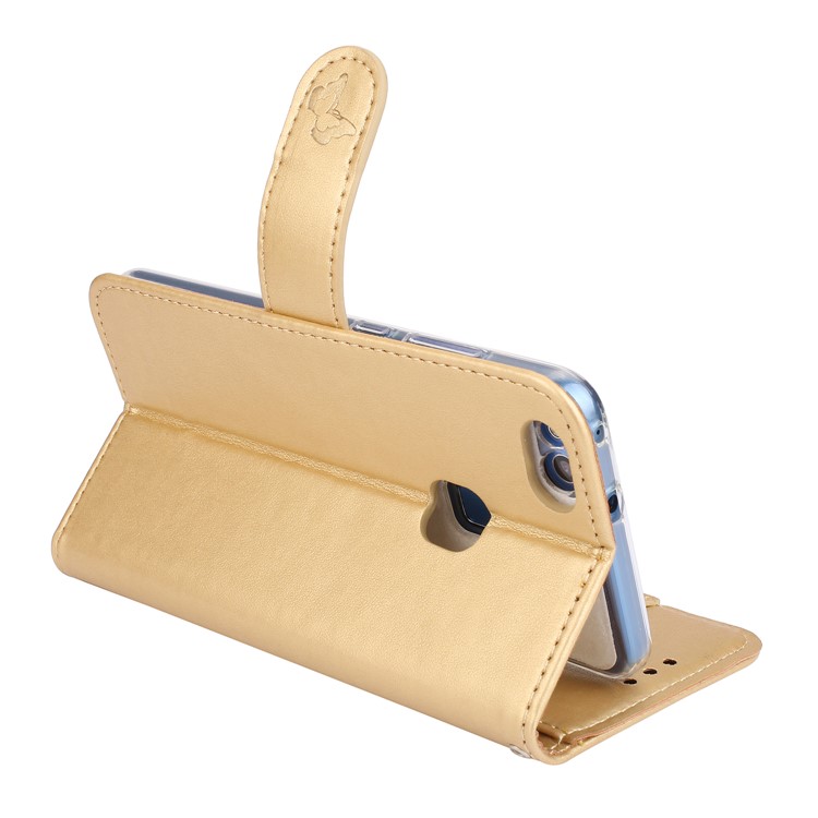 Imprint Butterfly Flowers Wallet Leather Stand Shell with Strap for Huawei P10 Lite - Gold-7