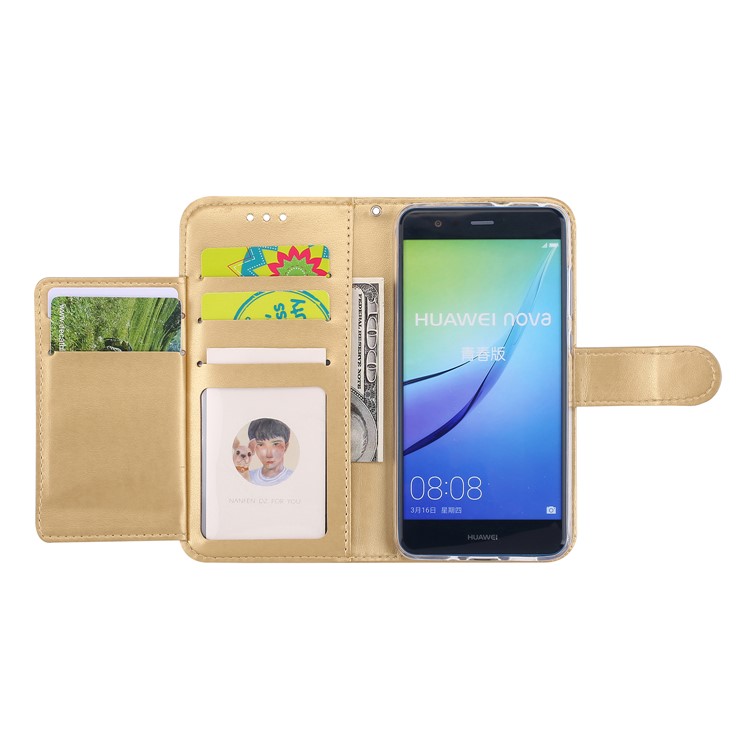 Imprint Butterfly Flowers Wallet Leather Stand Shell with Strap for Huawei P10 Lite - Gold-8