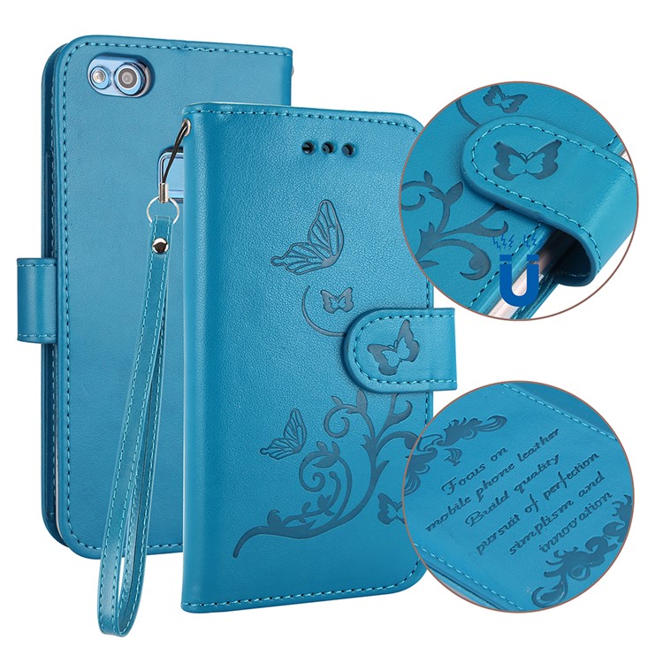 Imprint Butterfly Flowers Wallet Leather Stand Casing with Strap for Huawei P10 Lite - Blue-1